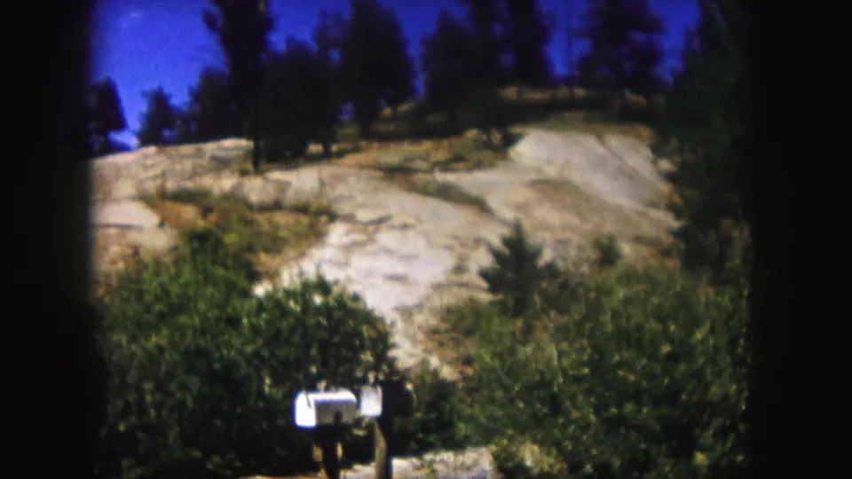 1958 Colorado 8mm view of a roadside mailbox set against dense greenery, a rocky hillside, and tall pines.