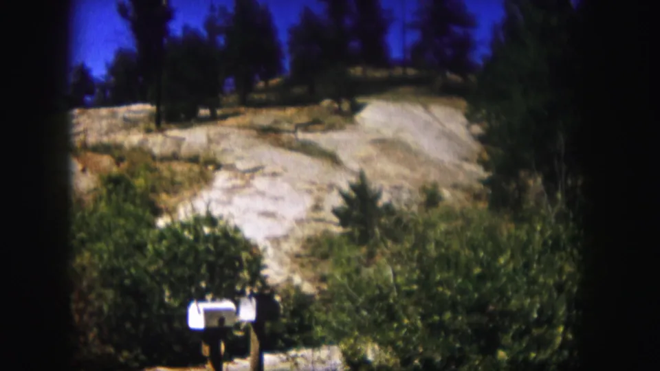 1958 Colorado home-movie frame of a white mailbox, brush, winding dirt path, pale rock slope, and pine trees under blue sky.