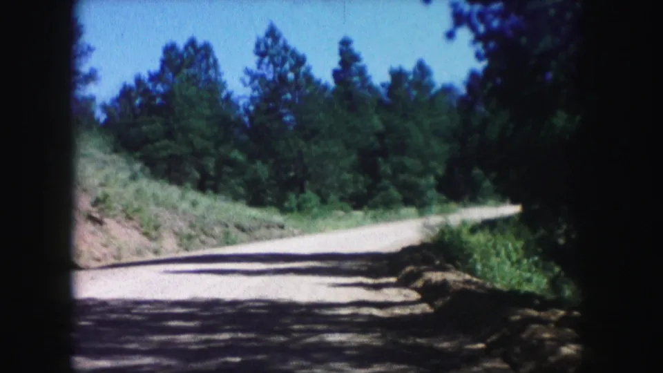 Final 1958 Colorado frame showing the dirt road stretching into evergreen woods beneath clear sky.