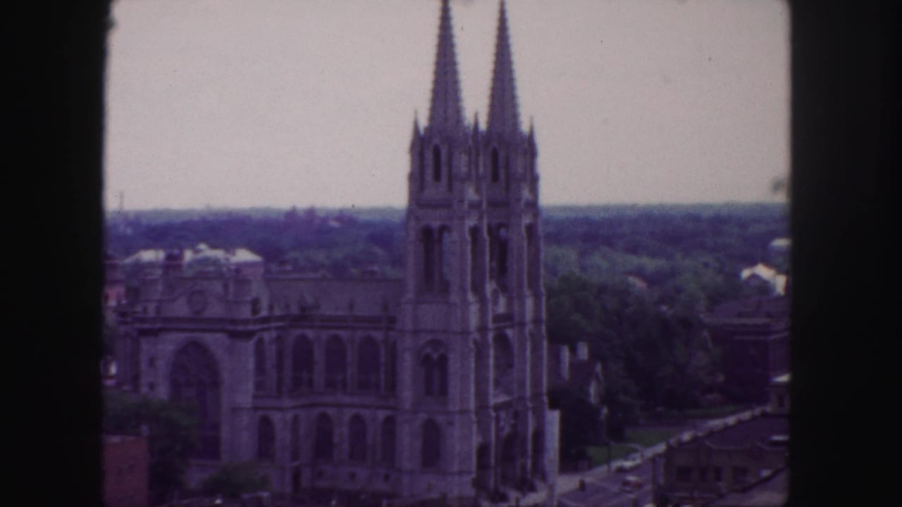 Twin-spired Gothic cathedral seen from above with trees and rooftops beyond.
