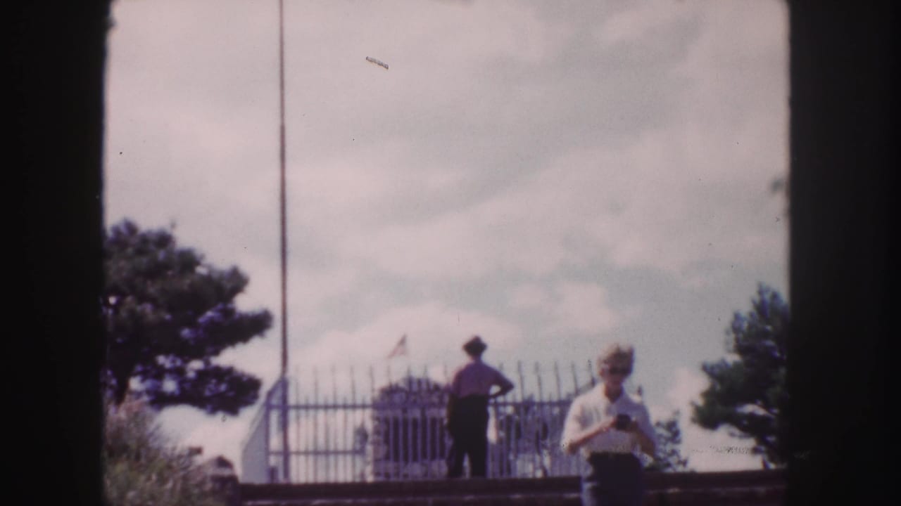 Two adults near an ornate fence under a partly cloudy sky.
