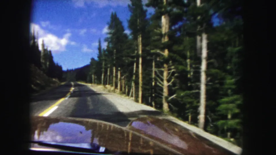 1958 Colorado home-movie frame looking ahead over a car hood on a paved mountain road bordered by tall pine trees and distant hills.