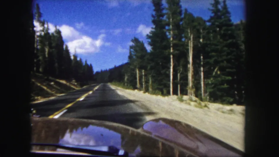 1958 8mm Colorado driving frame showing a windshield view of a road through dense pine forest.
