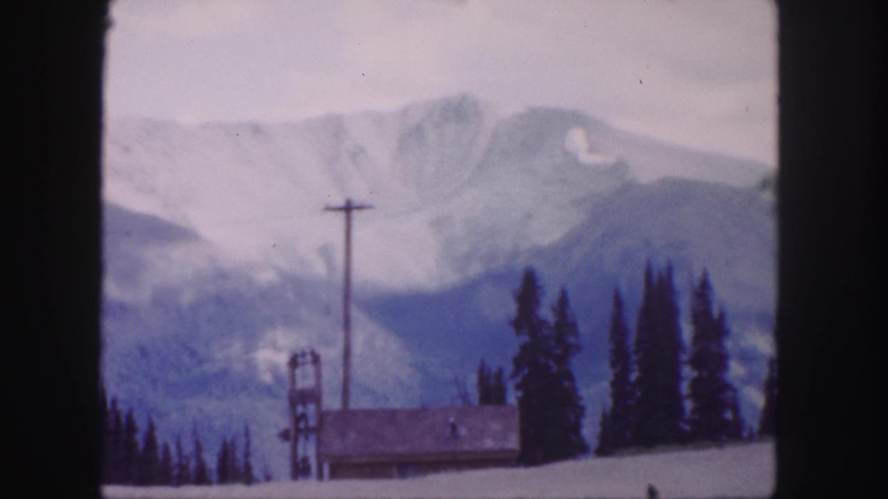 Snow-capped mountains behind evergreens, a cabin roofline, and a utility pole.