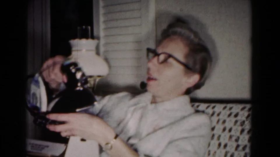 The woman turns the iron toward herself in a Hagerstown living room, with a lamp and shuttered window behind her.