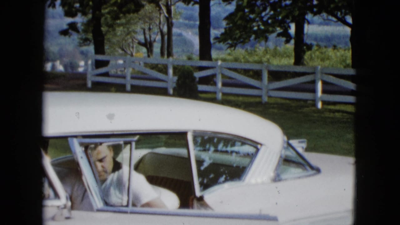 Man seated or leaning inside the white car with the door open beside a fence and trees.