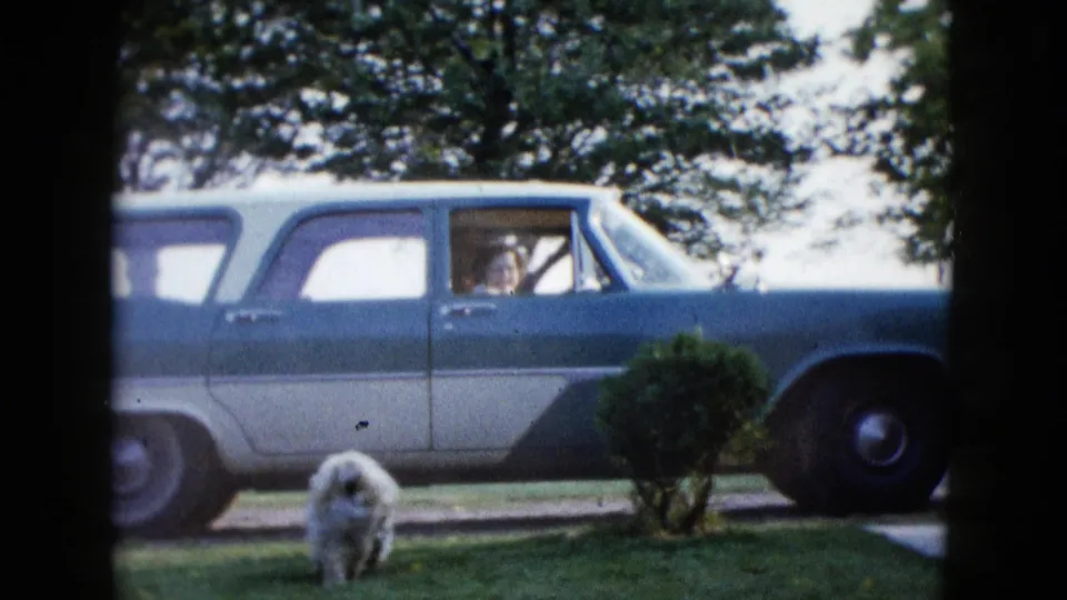 1958 Las Vegas frame with a white dog near a two-tone station wagon and a person visible through the window.