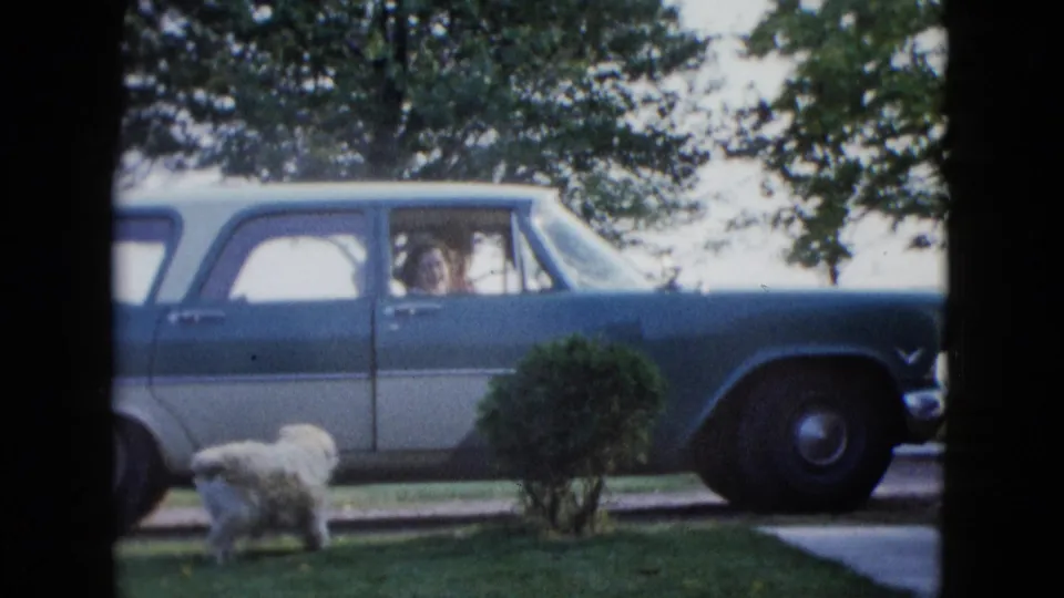 1958 Las Vegas home-movie frame with a white dog near a two-tone station wagon on a green residential lawn.
