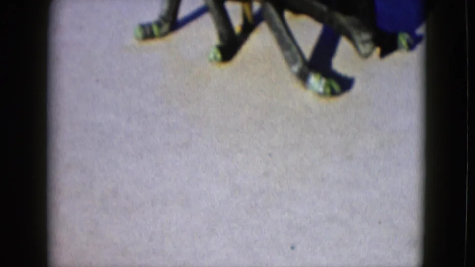 A brief home-movie frame shows partial adult legs and chair legs on a paved patio or walkway, with no faces visible.