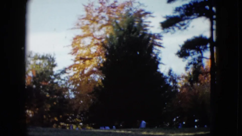 1958 Las Vegas outdoor frame with autumn-colored trees, lawn, and dark framing from the camera position.