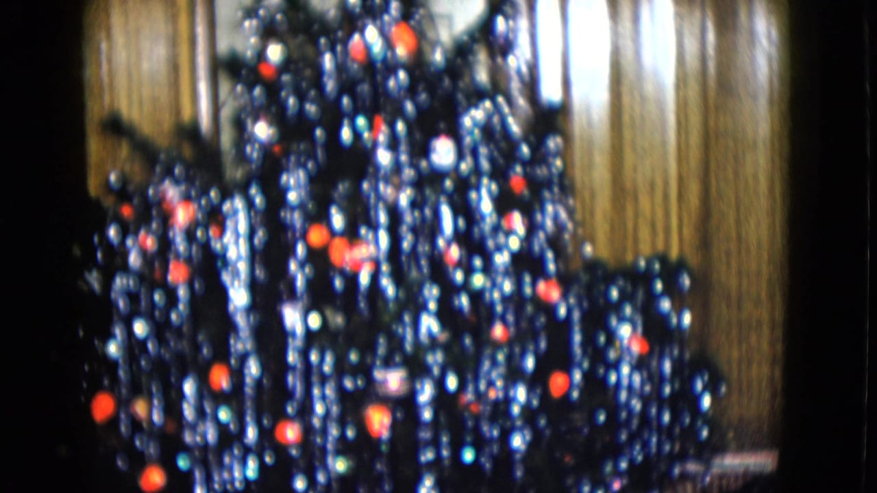 Dark Christmas tree with silver tinsel and red ornaments filling the frame.