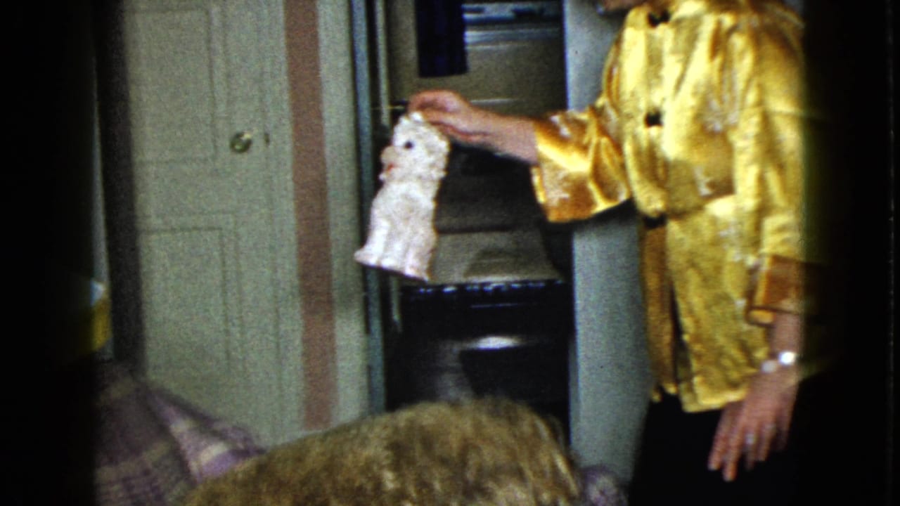 The woman stands indoors in a gold satin jacket, holding a white toy down toward the partly visible dog in the 1958 home setting.