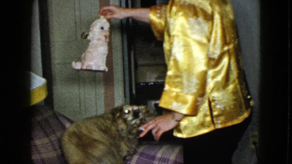 In 1958 Las Vegas home-movie footage, a man in a gold shirt holds a white plush toy over a small dog beside a plaid couch.