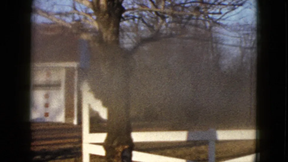 1958 Las Vegas home-movie frame of a house, white fence, bare tree, and yard on private property.