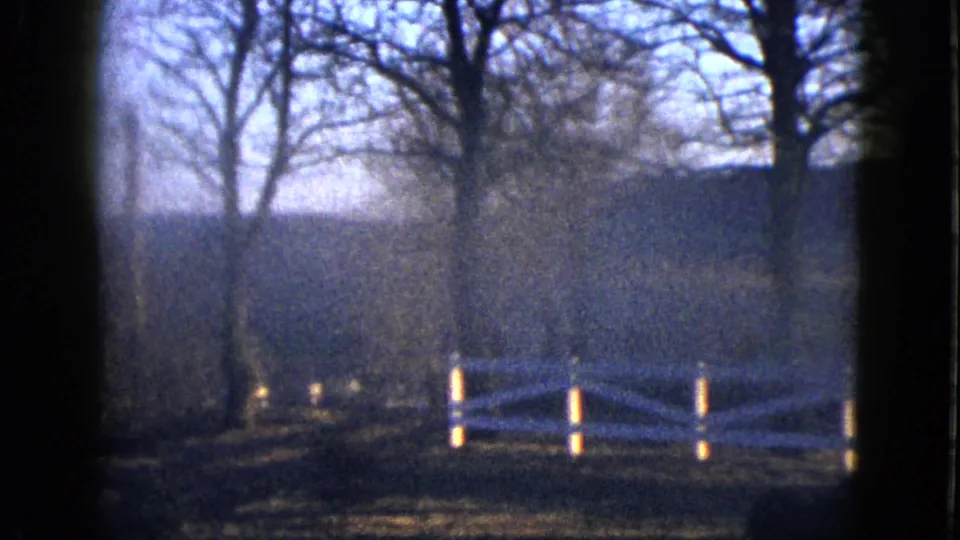 1958 8mm Las Vegas metadata frame showing bare trees, pale sky, and a white fence in a shadowed outdoor area.