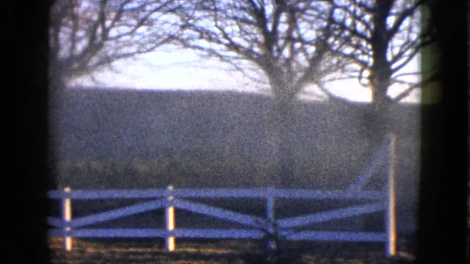 1958 Las Vegas-area 8mm frame with blue-white fence rails, bare tree branches, hillside, and soft exterior light.