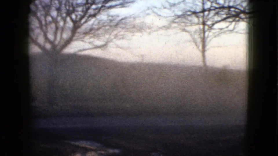 1958 8mm frame with bare tree silhouettes, a dim field, hazy sky, and dark vertical borders suggesting a window-framed view.