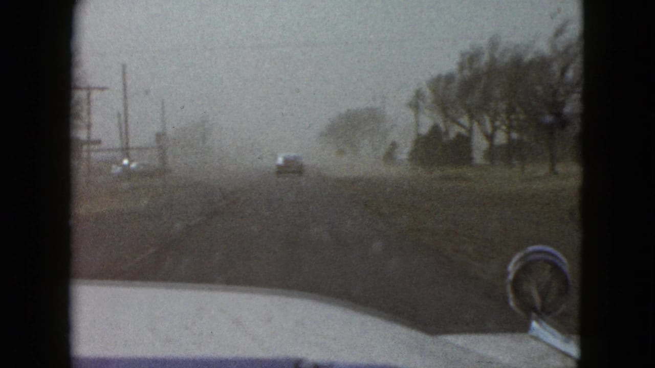 View over a car hood down a hazy roadside with bare trees and an oncoming vehicle.