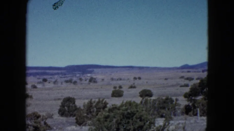 1958 Las Vegas-area desert landscape with foreground vegetation, sparse shrubs, and a low horizon of hills.