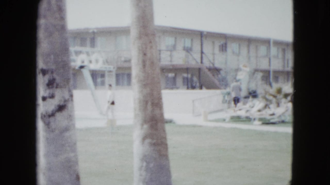 1958 Las Vegas resort scene with palm trunks in the foreground, a motel pool slide, lawn, white fence, and small figures near the pool.