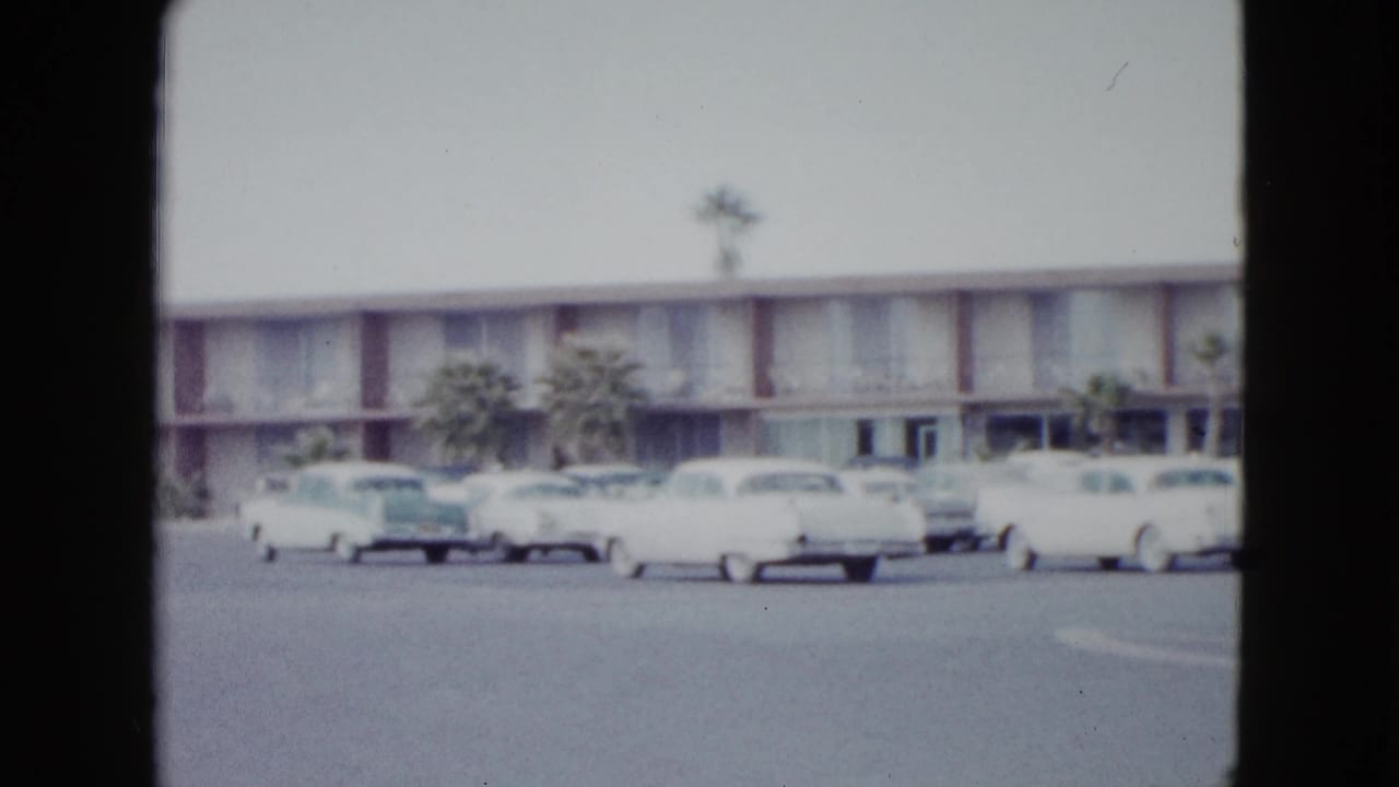 Motel facade with palm landscaping and a row of light-colored parked cars.