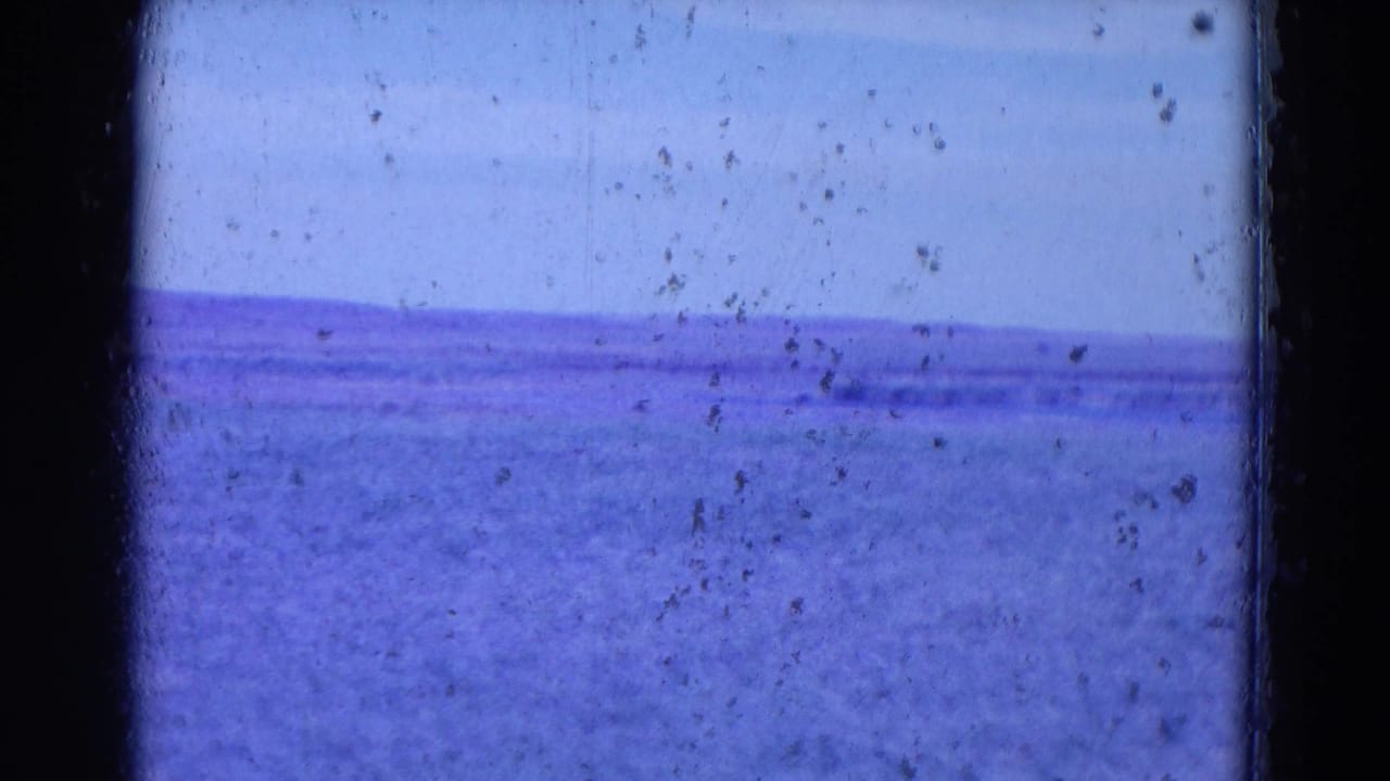 Purple-blue open landscape beneath a pale sky with film dust and gate edges visible.