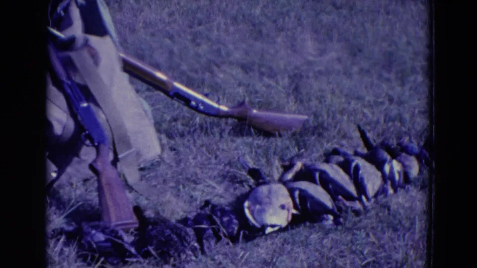 1958 Omaha hunting footage shows long guns and harvested ducks arranged on grass beside a standing hunter.