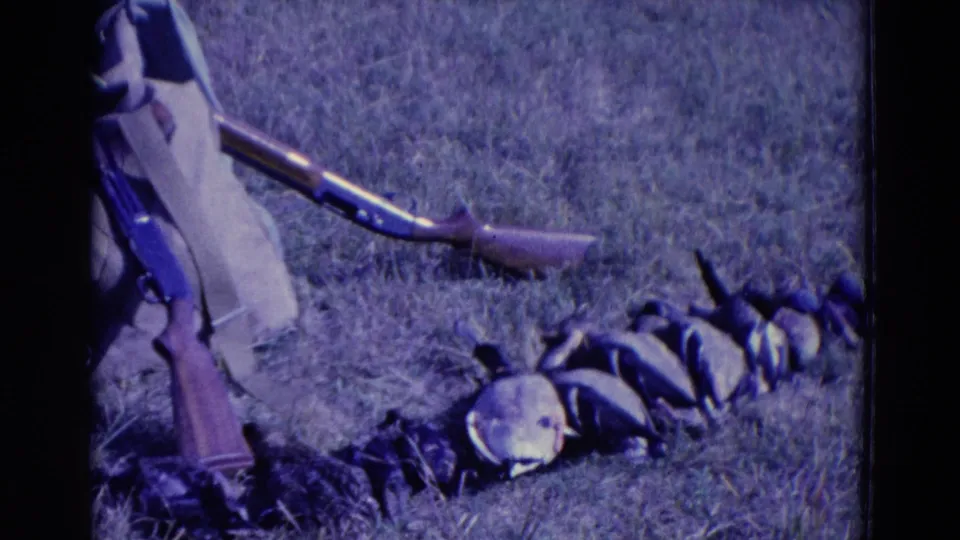The closing frame shows shotguns, harvested ducks, and part of a hunter in a 1958 Omaha duck hunting home movie.
