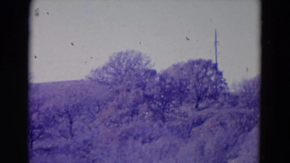 Purple-cast 1958 8mm view of a quiet Omaha-area hillside with scattered trees, brush, and a distant utility pole.
