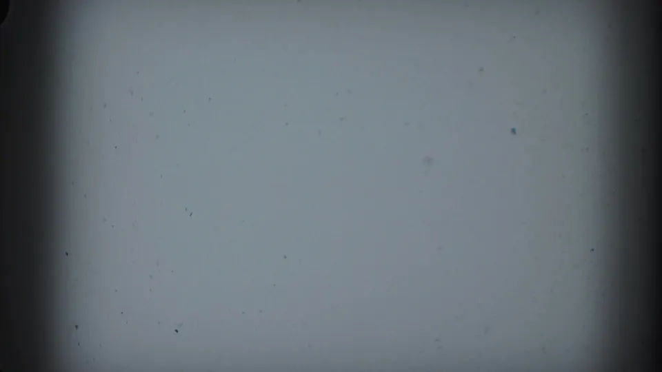 1958 Ontario 8mm frame with a pale projection field, dark vertical gate edge, soft focus, and scattered film dust.
