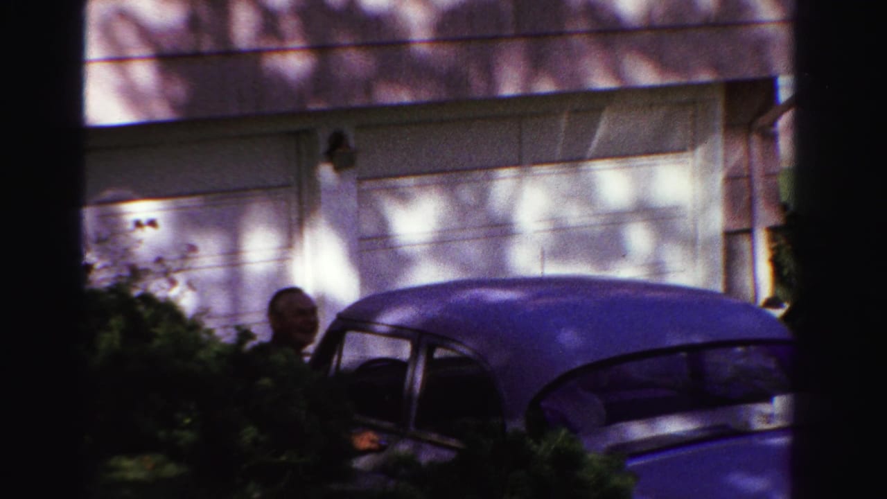 Man partly visible beside a blue car near garage doors.