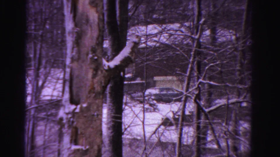 1958 Ontario 8mm frame with dark trunks, snow, bare branches, and a parked car near a distant house.