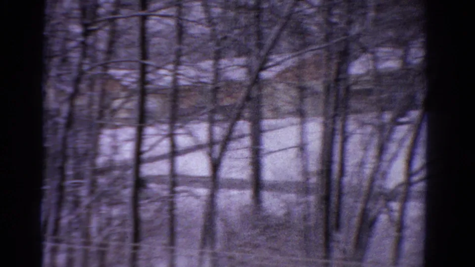 1958 Ontario winter woods with a handheld 8mm view across snow, thin trunks, and a dark vertical foreground obstruction.