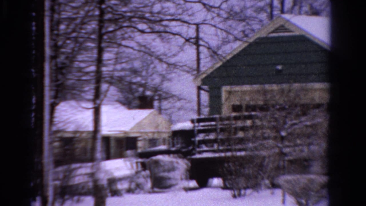 Snowy house exterior with bare trees, shrubs, and a dark vehicle near a porch.