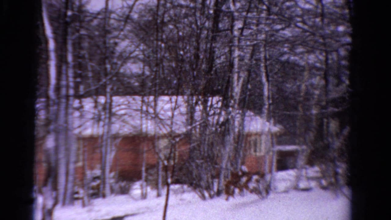 Snowy wooded view of a brown building and nearby tan structure.