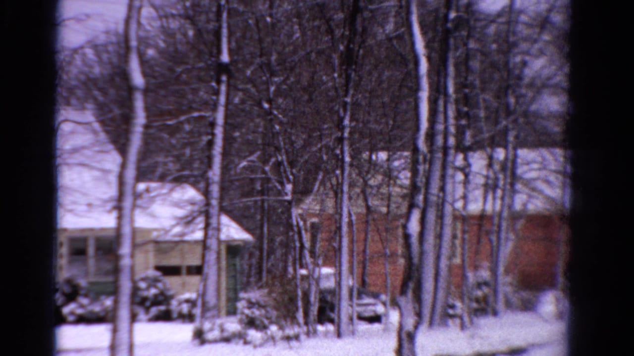 Snowy suburban house seen through dark window framing and bare trees.
