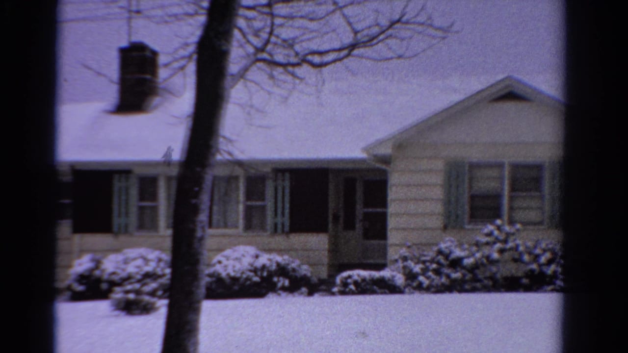 Snow-covered suburban house partly framed by bare trees.