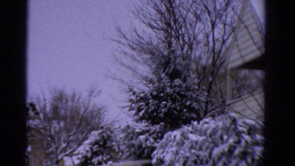 1958 Ontario winter frame showing snow-heavy shrubs, leafless trees, pale sky, and the edge of a sloped-roof house.