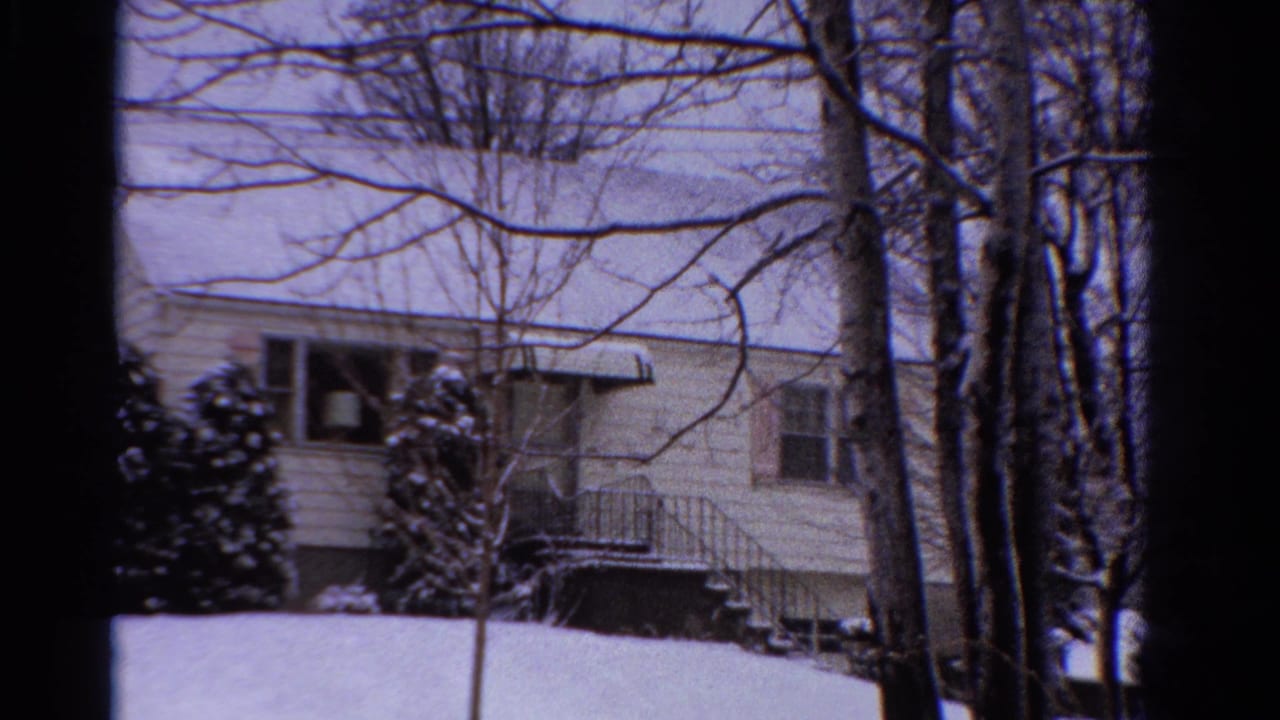 Snowy house front with window awning, porch railing, shrubs, and leafless trees.