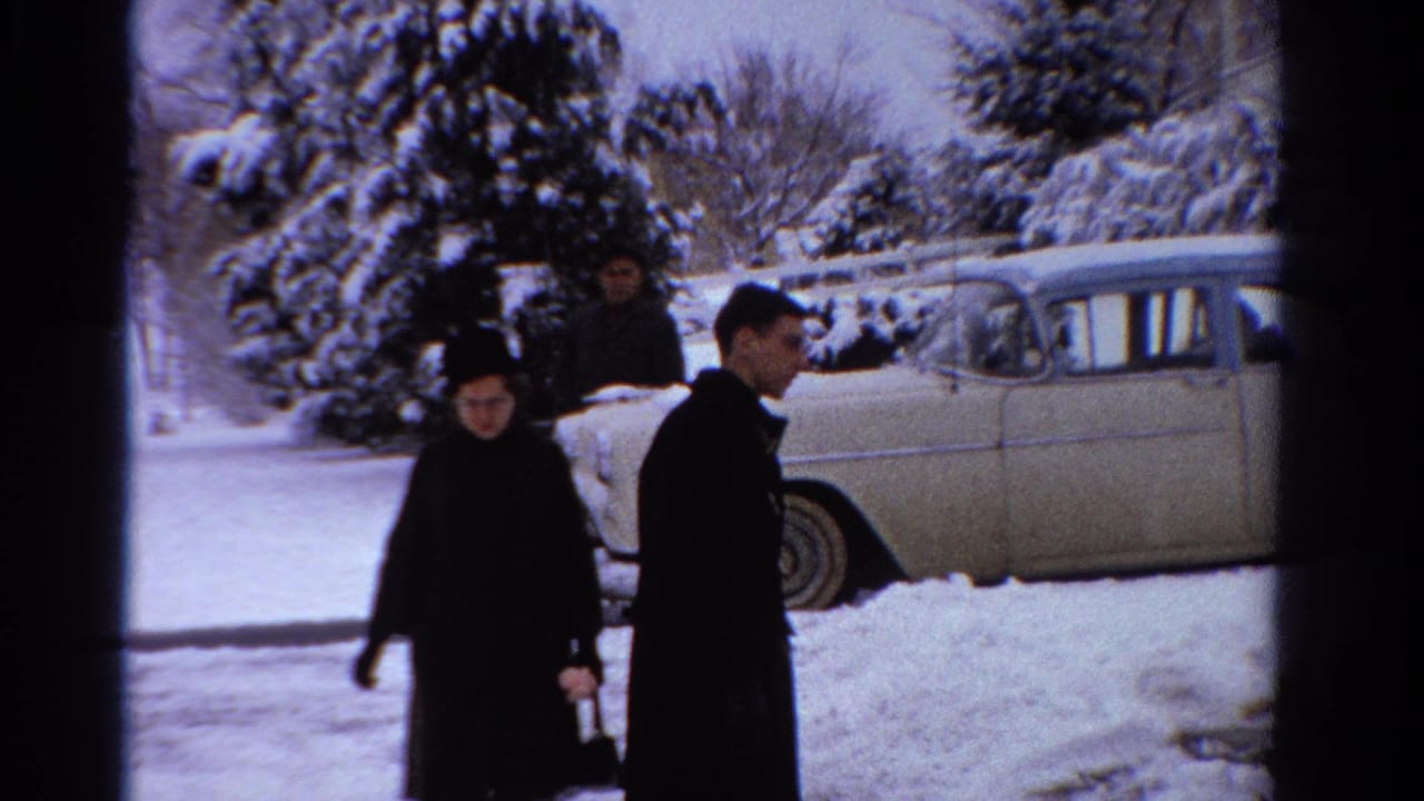 Several adults walk near a parked sedan with snow-covered trees behind them.
