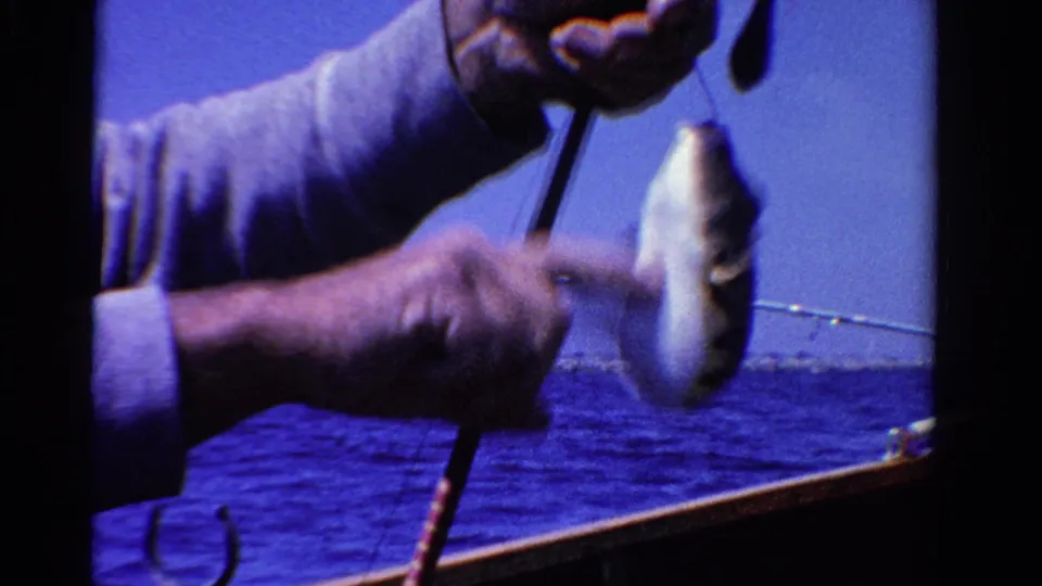 Close 1958 Ontario 8mm frame showing the man’s hands steadying the rod and handling the small fish over the boat side.