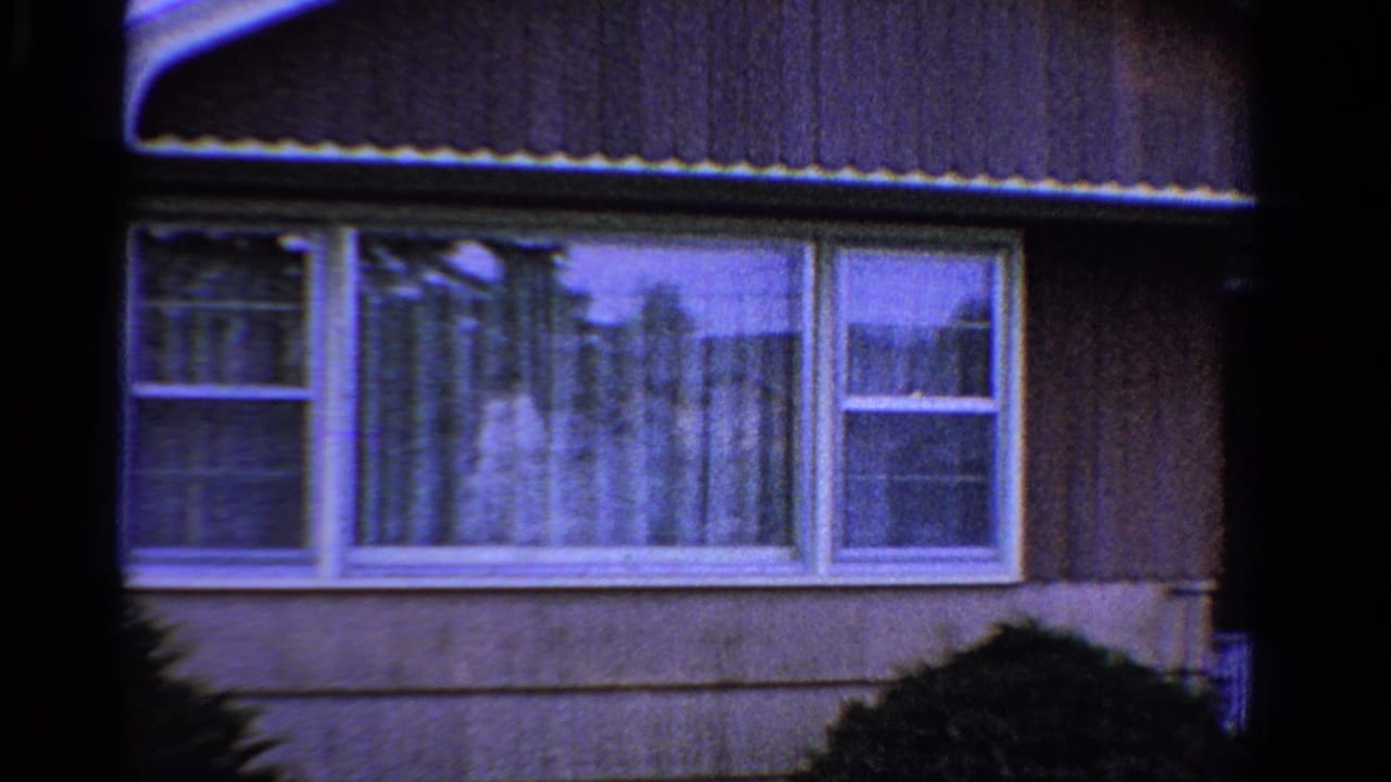 Brown house facade with white-trimmed windows, curtains, shrubs, and dark film borders.