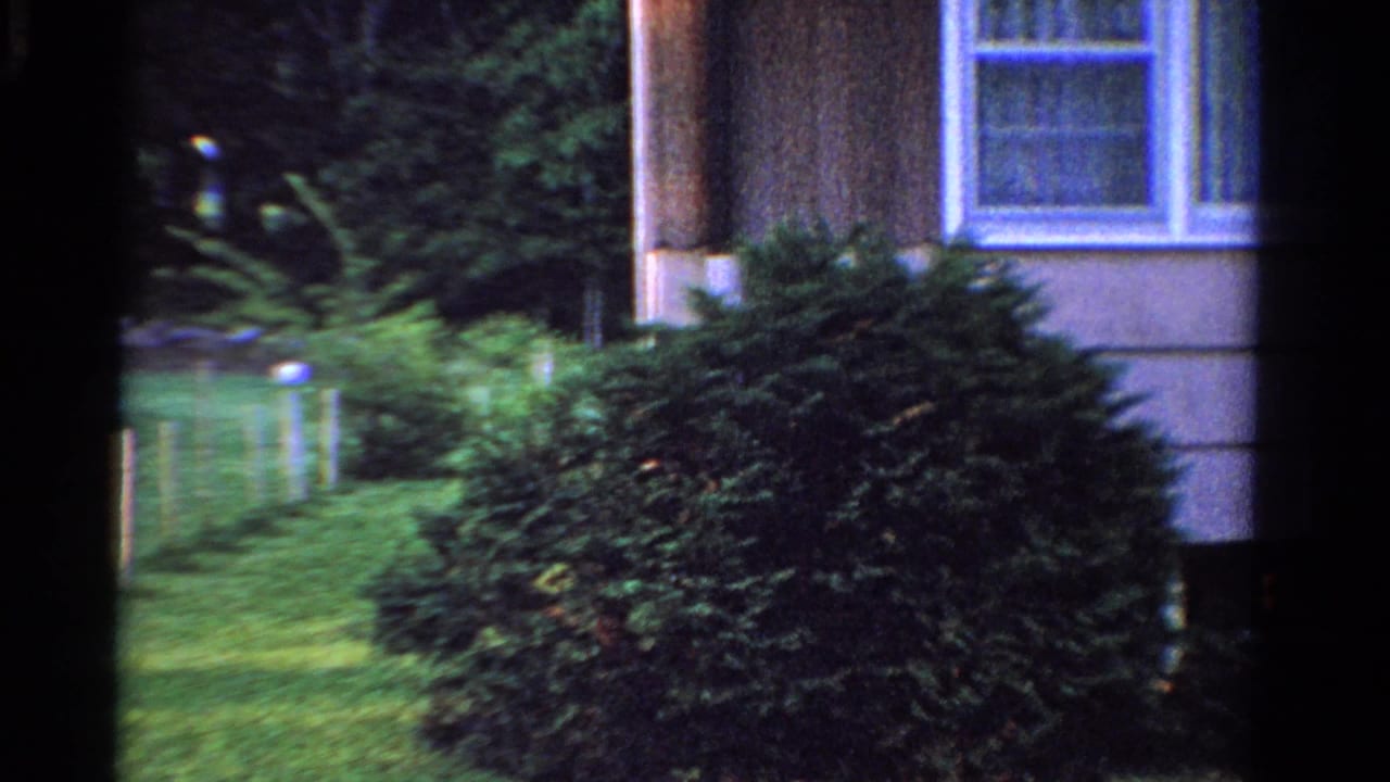 1958 Ontario home-movie frame showing a brown-sided house front, curtained window, large shrub, lawn, and trees.