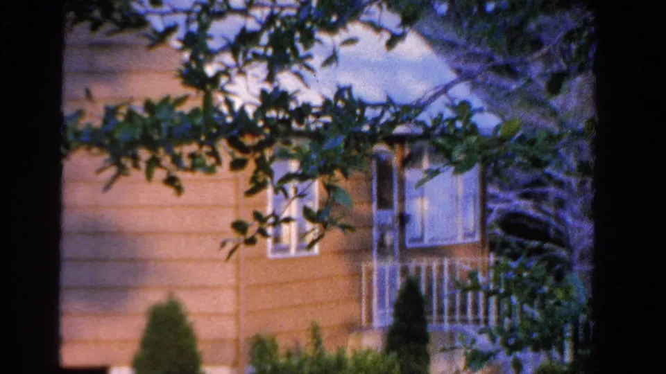 1958 Ontario frame of a brown suburban house seen through leafy branches, with windows, front entry area, railing, shrubs, and lawn.