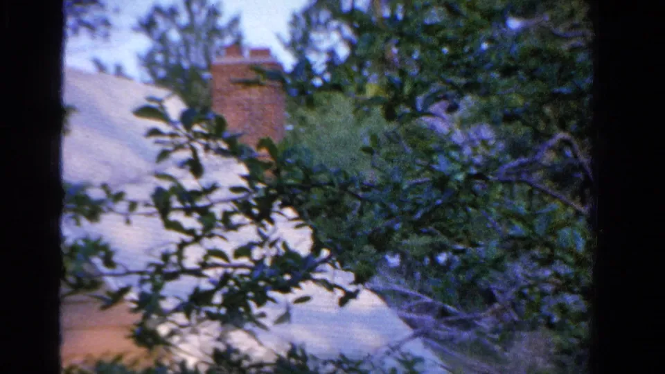 1958 Ontario home-movie frame showing a house roof and brick chimney behind leafy tree branches.