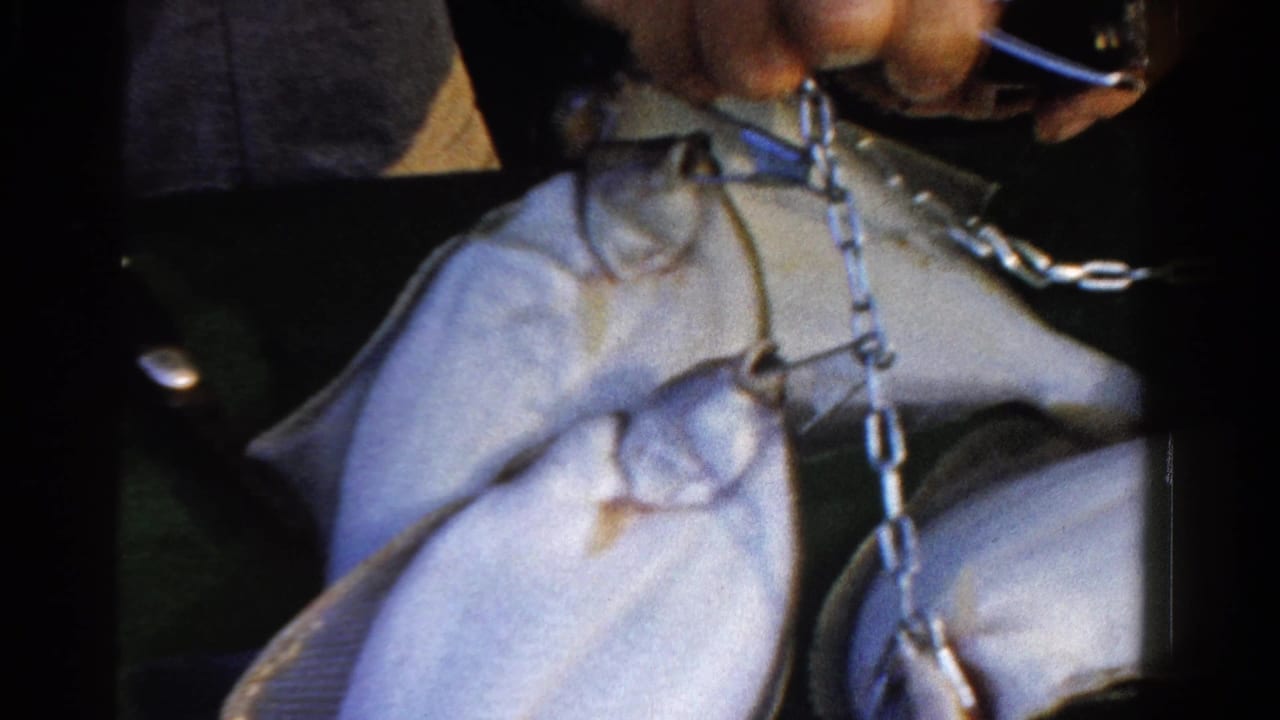 In 1958 Ontario home-movie footage, hands handle a metal chain beside freshly caught silvery fish on a dark surface.