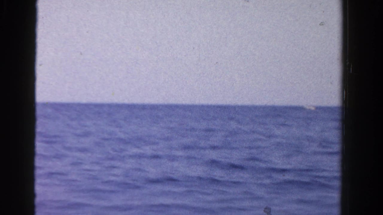 Open water and horizon with a dark vertical band through the frame.