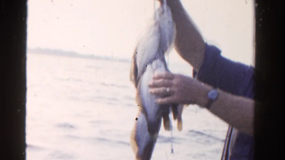 The man displays a fish beside the boat in the 1958 Ontario fishing scene, with water and shoreline haze behind him.