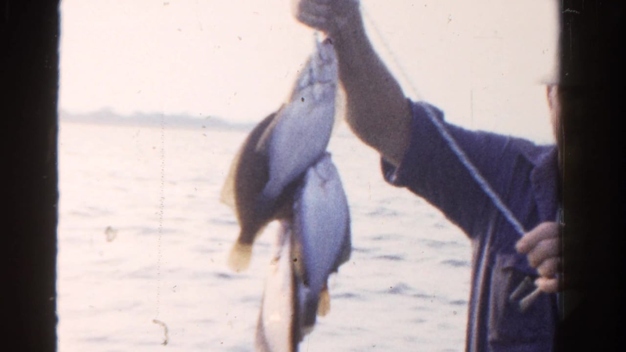 In supported 1958 Ontario footage, a fisherman in a blue jacket holds several fish up beside a boat on open water.