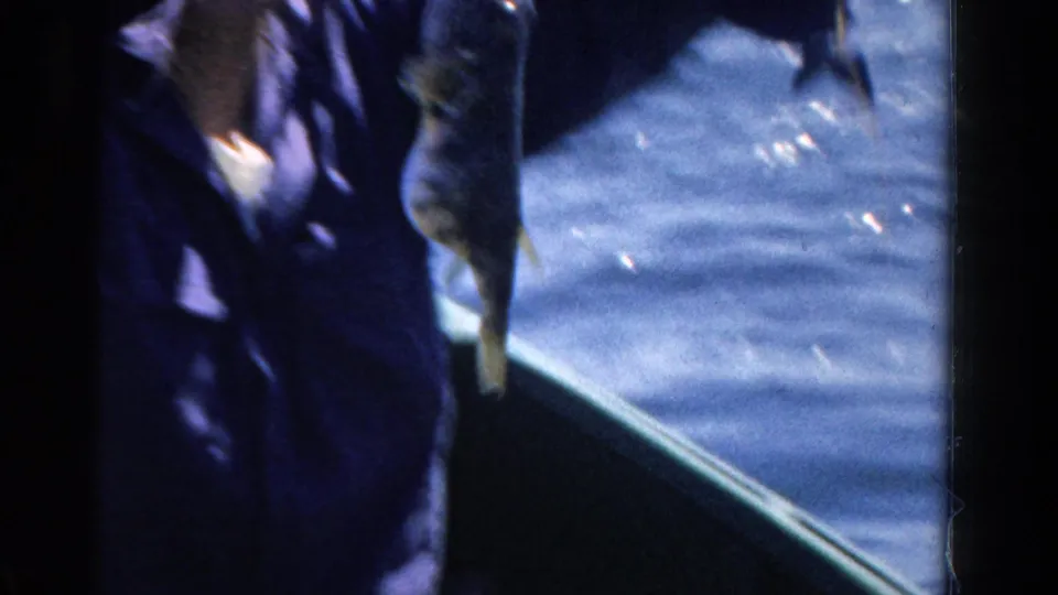 The angler lifts the fish near the side of the small boat, with blue lake water filling much of the frame.